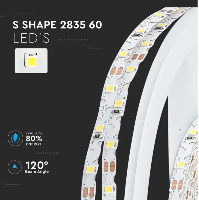 V-tac 5W/m LED juosta, 60LED/m, S formos, 3000K, 5 metrų ritė