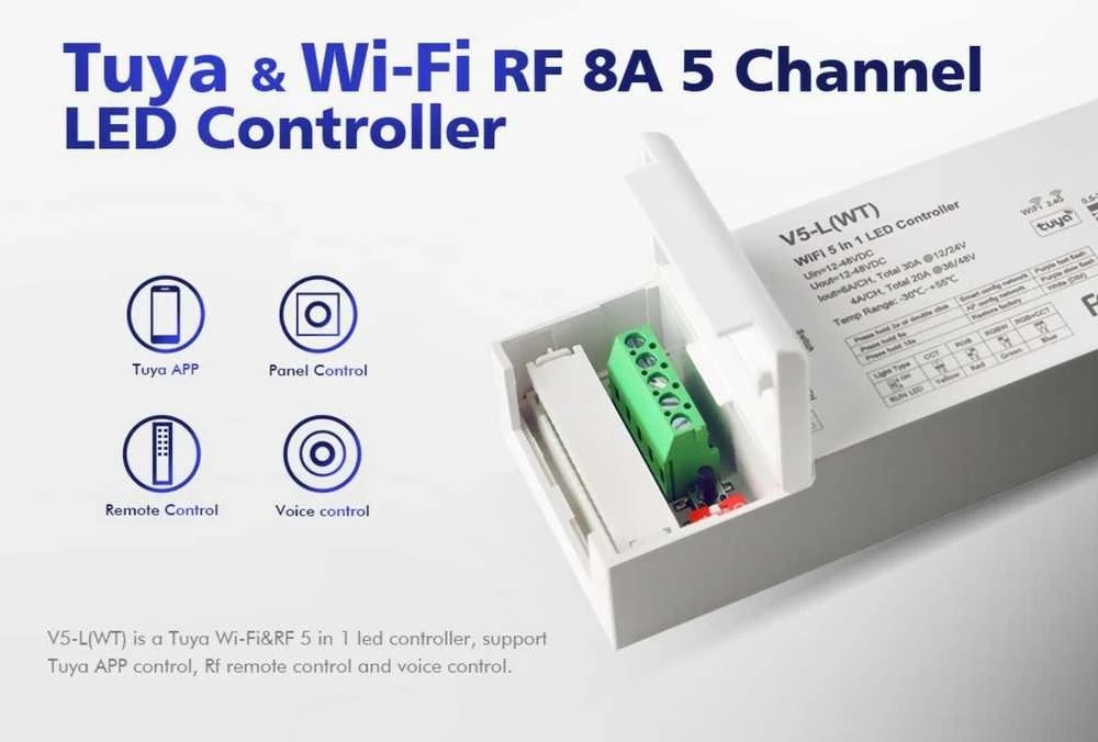 5x(72-192)W TUYA aplikacijos WiFi & RF LED valdiklis, 5 kanalų, veikia per WIFI ir TUYA