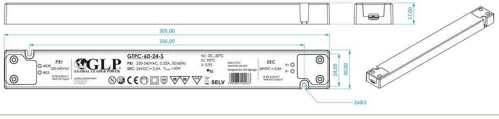 Mpl Power 60W LED maitinimo šaltinis GTPC SLIM, 24V, IP20
