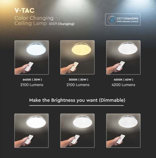 Lubinis šviestuvas V-tac 60W paviršinis šviestuvas, 3in1, dimeriuojamas pulteliu, baltas, su žvaigždėtu banguotu dangteliu