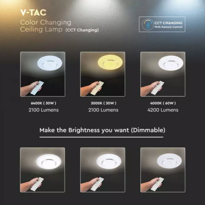 Lubinis šviestuvas V-tac 60W paviršinis šviestuvas, 3in1, dimeriuojamas pulteliu, baltas