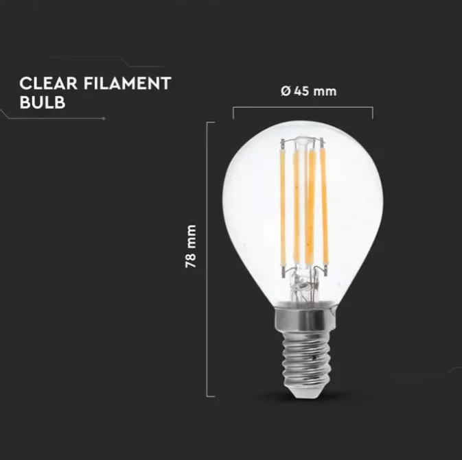 6W LED lemputė V-TAC, E14, P45, 2700K, filamentinė, 100lm/W, skaidriu stiklu
