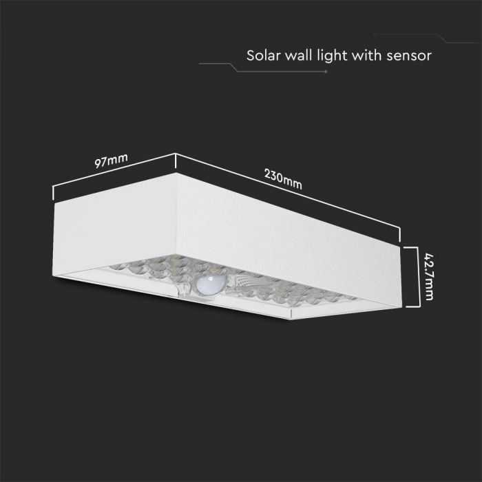 Sieninis šviestuvas V-tac 6W LED sieninis lauko šviestuvas su saulės baterija ir judesio davikliu, baltas, 4000K, IP65