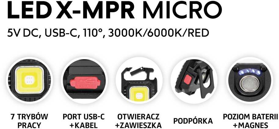 7,4W LED įkraunamas žibintuvėlis X-MPR, juodas, 3000/6000K