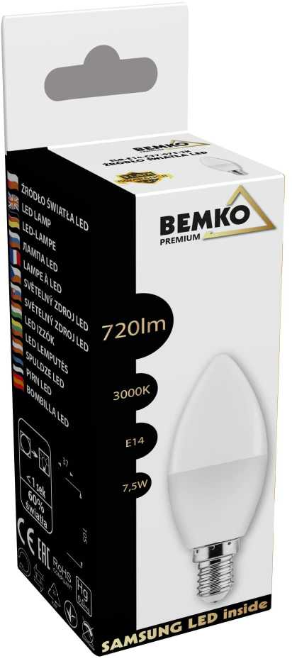 Bemko 7,5W LED lemputė, E14, 3000K, 180°