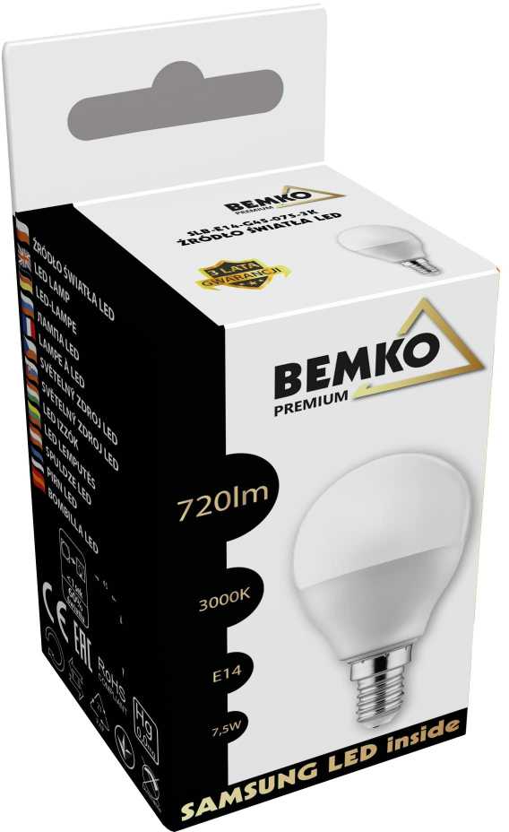 Bemko 7,5W LED lemputė, E14, 3000K, 200°