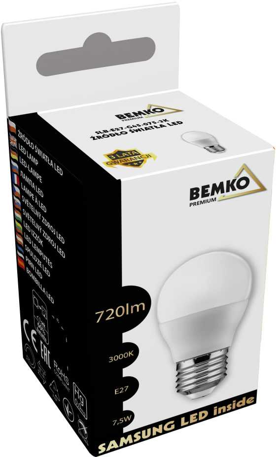 Bemko 7,5W LED lemputė, E27, 3000K, 200°