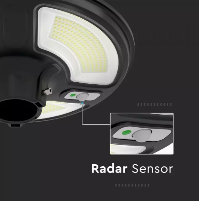 V-tac 7,5W sodo šviestuvas su judesio davikliu, 6500K, IP65, su 15W saulės baterija, juodas. Valdomas RF, su laikmačiu.