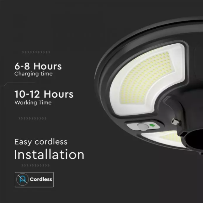 V-tac 7,5W sodo šviestuvas su judesio davikliu, 4000K, IP65, su 15W saulės baterija, juodas. Valdomas RF, su laikmačiu.