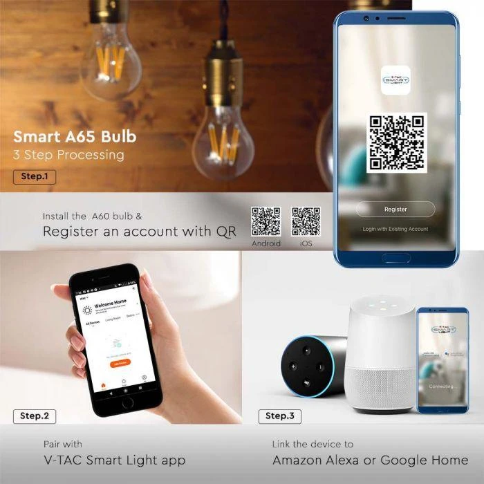 V-tac 7W LED lemputė, E27, suderinama su AMAZON ALEXA ir GOOGLE HOME, 2700-6500K