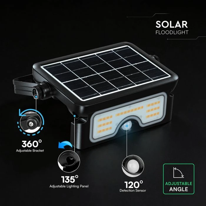 7W LED prožektorius su saulės baterija ir judesio davikliu, juodas, 3000/4000/6000K