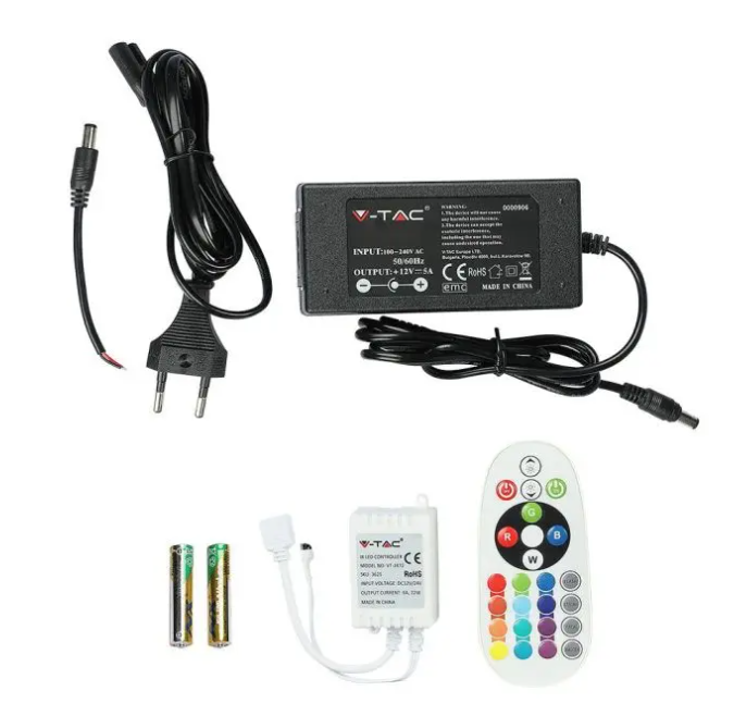 V-tac 7W/m LED juosta, 60 LED/m, RGB, EU jungiklis, 5 metrų (nekarpoma)