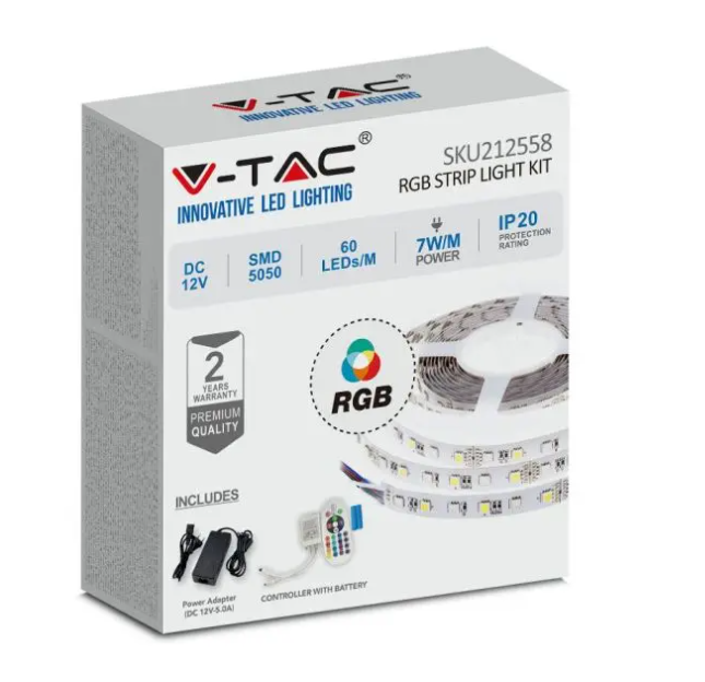 V-tac 7W/m LED juosta, 60 LED/m, RGB, EU jungiklis, 5 metrų (nekarpoma)