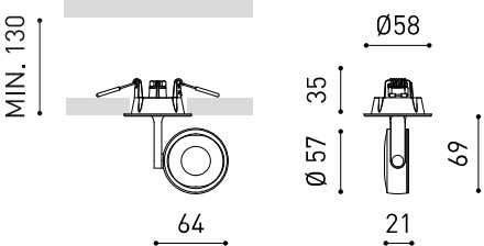 8,5W įleidžiamas šviestuvas SIX S RECESSED, baltas, 3000K, 34°, su maitinimo šaltiniu