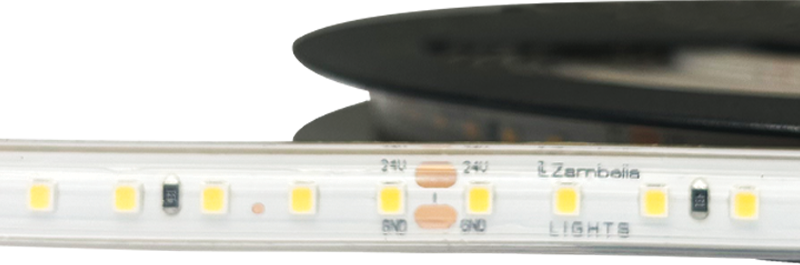 8,6W/m LED juosta, 24V, 120LEDs/m, 3000K, IP65, 5m ritė, LS27