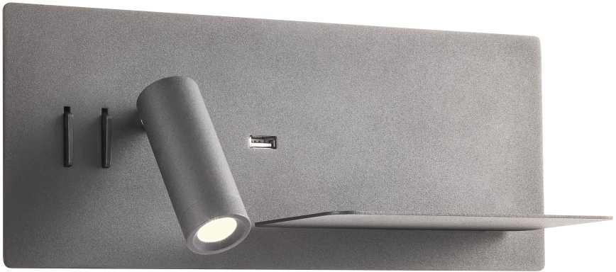 8W + 3W LED sieninis šviestuvas BROOK, juodas, 3000K, šviesos kampas 120°, skaitymo šviestuvėlio - 20°, su USB, 01-3316