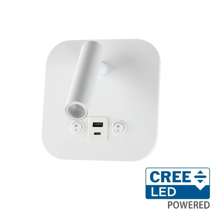 V-tac 8W LED sieninis šviestuvas, baltas, 3000K, su USB/PD jungtimi, CREE LED chip
