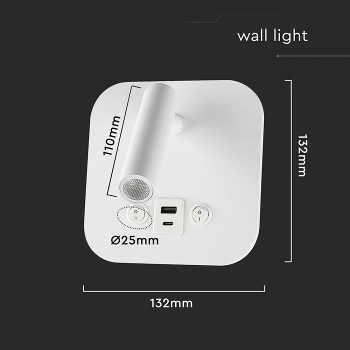 V-tac 8W LED sieninis šviestuvas, baltas, 3000K, su USB/PD jungtimi, CREE LED chip