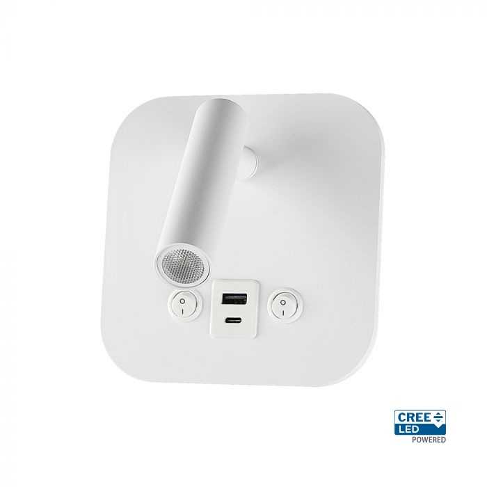 V-tac 8W LED sieninis šviestuvas, baltas, 3000K, su USB/PD jungtimi, CREE LED chip