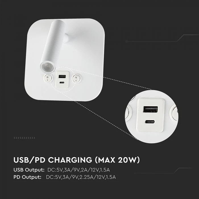 V-tac 8W LED sieninis šviestuvas, baltas, 3000K, su USB/PD jungtimi, CREE LED chip