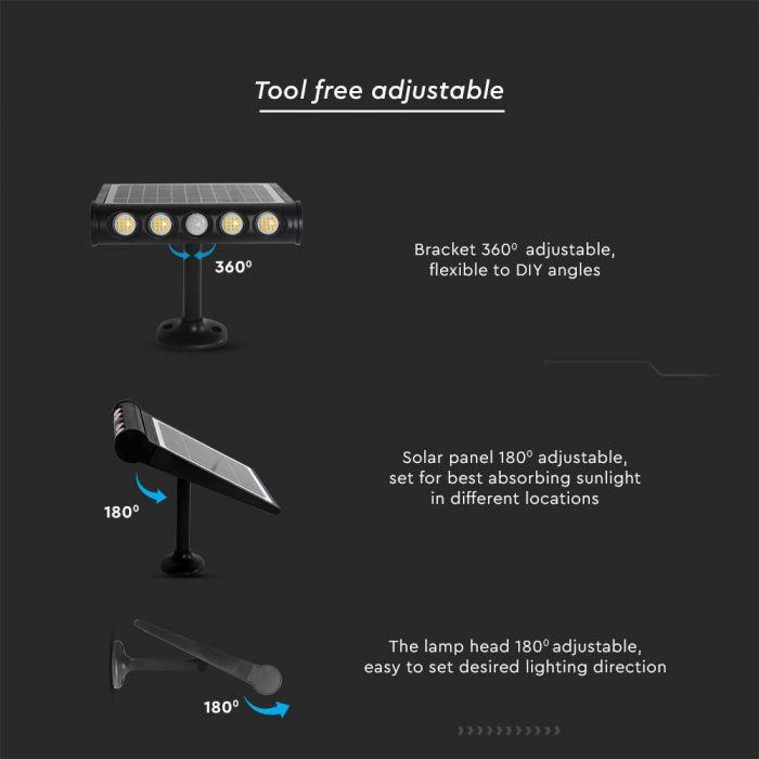 V-tac 8W LED universalus šviestuvas, su saulės baterija ir judesio davikliu, juodas, 6000K