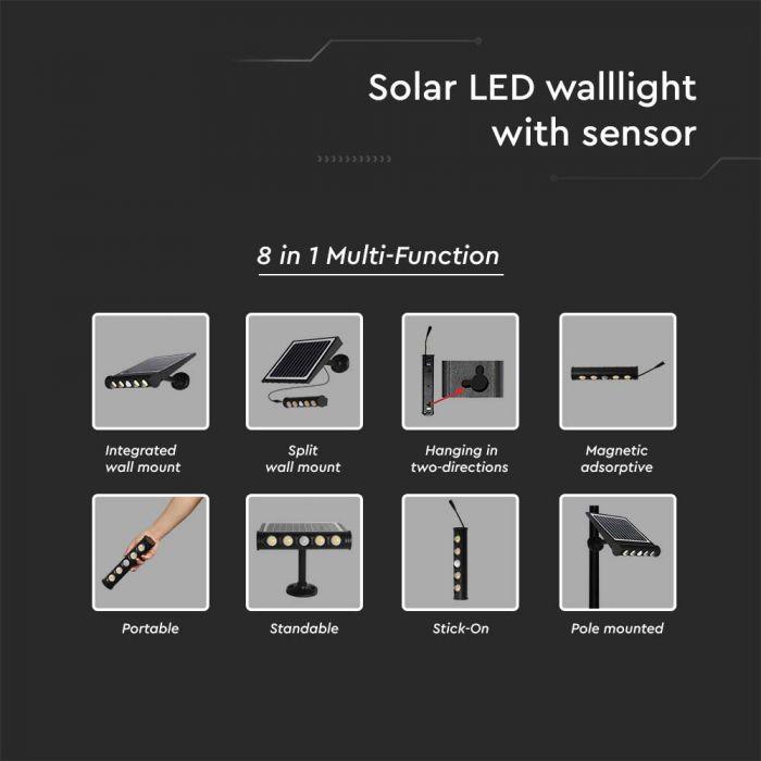 V-tac 8W LED universalus šviestuvas, su saulės baterija ir judesio davikliu, juodas, 3000K
