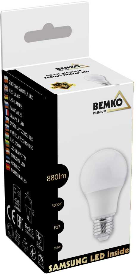 Bemko 9,5W LED lemputė, E27, 3000K, 220°