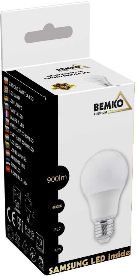 Bemko 9,5W LED lemputė, E27, 4000K, 220°