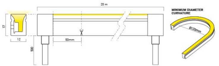 9,6W/m LED šviečiantis kabelis XMAGIS 12x17MM, 3000K, 120LED/m, 24V, IP67, 20 metrų ritė, SPEC