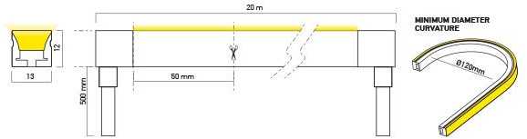 9,6W/m LED šviečiantis kabelis XMAGIS 13x12MM, 3000K, 120LED/m, 24V, IP67, 5 metrų ritė