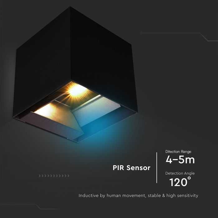 Sieninis šviestuvas V-tac 9W LED sieninis fasado šviestuvas su saulės baterija ir judesio davikliu, juodas, 3000/4000/5000K