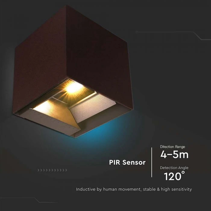 Sieninis šviestuvas V-tac 9W LED sieninis fasado šviestuvas su saulės baterija ir judesio davikliu, rūdžių sp., 3000/4000/5000K