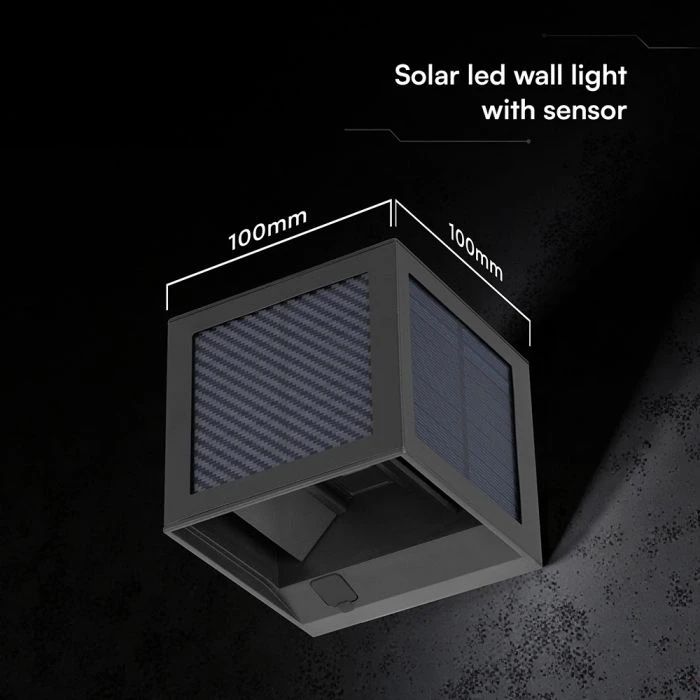 Sieninis šviestuvas 9W LED sieninis įkraunamas šviestuvas su saulės baterija ir judesio davikliu, juodas, 3000/4000/6000K, IP65