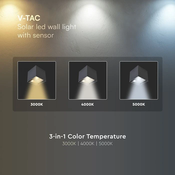 Sieninis šviestuvas V-tac 9W LED sieninis įkraunamas šviestuvas su saulės baterija ir judesio davikliu, tamsiai pilkas, 3000/4000/5000K, IP65
