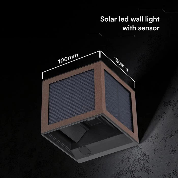 Sieninis šviestuvas 9W LED sieninis įkraunamas šviestuvas su saulės baterija ir judesio davikliu, rudas, 3000/4000/6000K, IP65