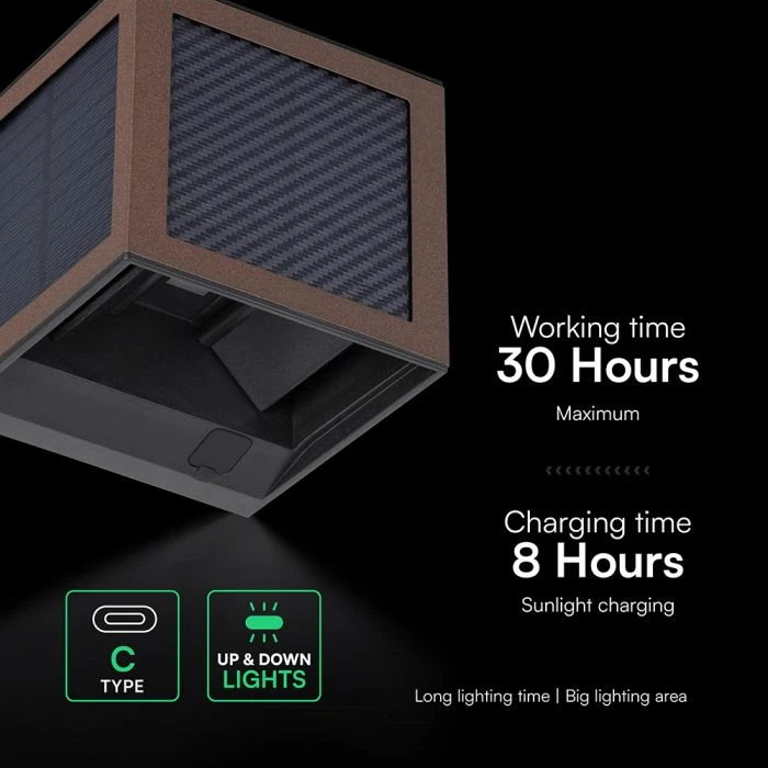 Sieninis šviestuvas 9W LED sieninis įkraunamas šviestuvas su saulės baterija ir judesio davikliu, rudas, 3000/4000/6000K, IP65