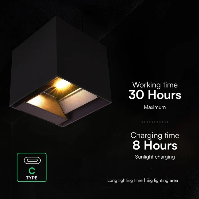 Sieninis šviestuvas 9W LED sieninis įkraunamas šviestuvas su saulės baterija ir judesio davikliu, juodas, 3000/4000/5000K, IP65