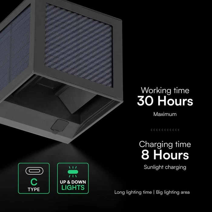 Sieninis šviestuvas 9W LED sieninis įkraunamas šviestuvas su saulės baterija ir judesio davikliu, juodas, 3000/4000/6000K, IP65