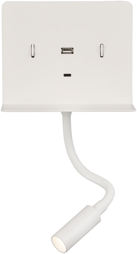 9W LED sieninis šviestuvas CALMA, baltas, 3000K, su skaitymo šviestuvėliu ir USB, A3836001B