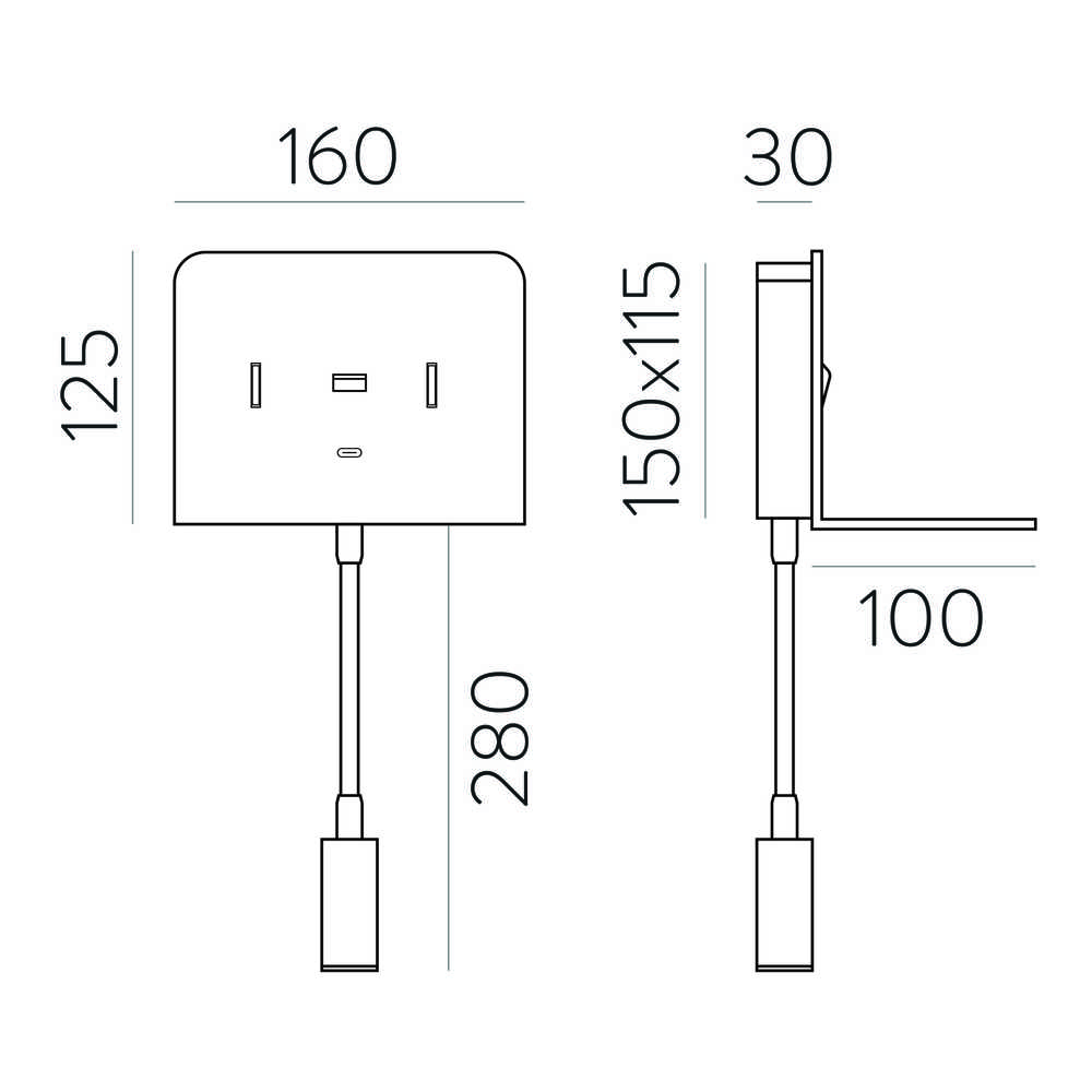 9W LED sieninis šviestuvas CALMA, juodas, 3000K, su skaitymo šviestuvėliu ir USB, A3836001N