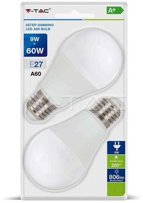 9Wx2vnt/pakuotėje LED lemputės V-TAC, A60, E27, dimeriuojamos per 3 žingsnius, 6400K (šaltai balta)