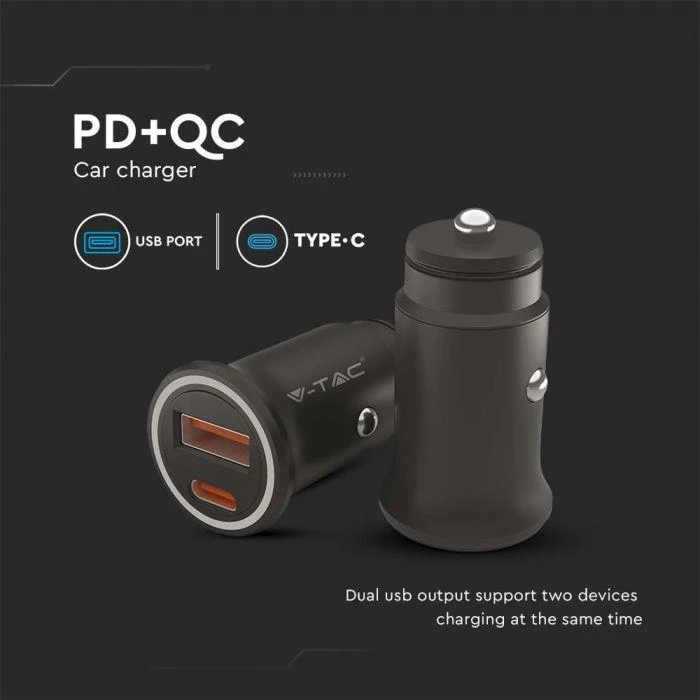 Auto įkroviklis, 12/24V, USB + USB-C, PD+QC, juodas
