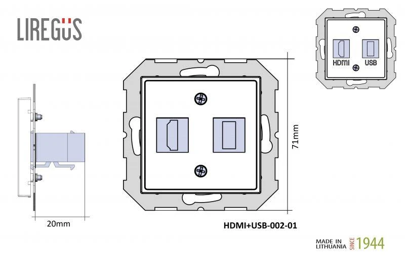Liregus HDMI+USB lizdas EPSILON, be rėmelio, baltas
