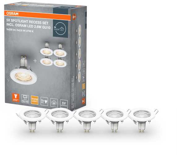 Įleidžiamas šviestuvas SPOT, GU10, baltas, su 2,6W 2700K LED lempute, 5vnt.
