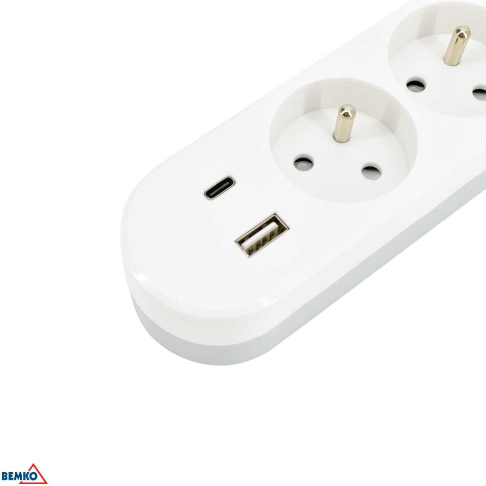 Bemko Ilgintuvas, 3-vietis, 2m, su 2x USB(C+A), baltas, max 3500W