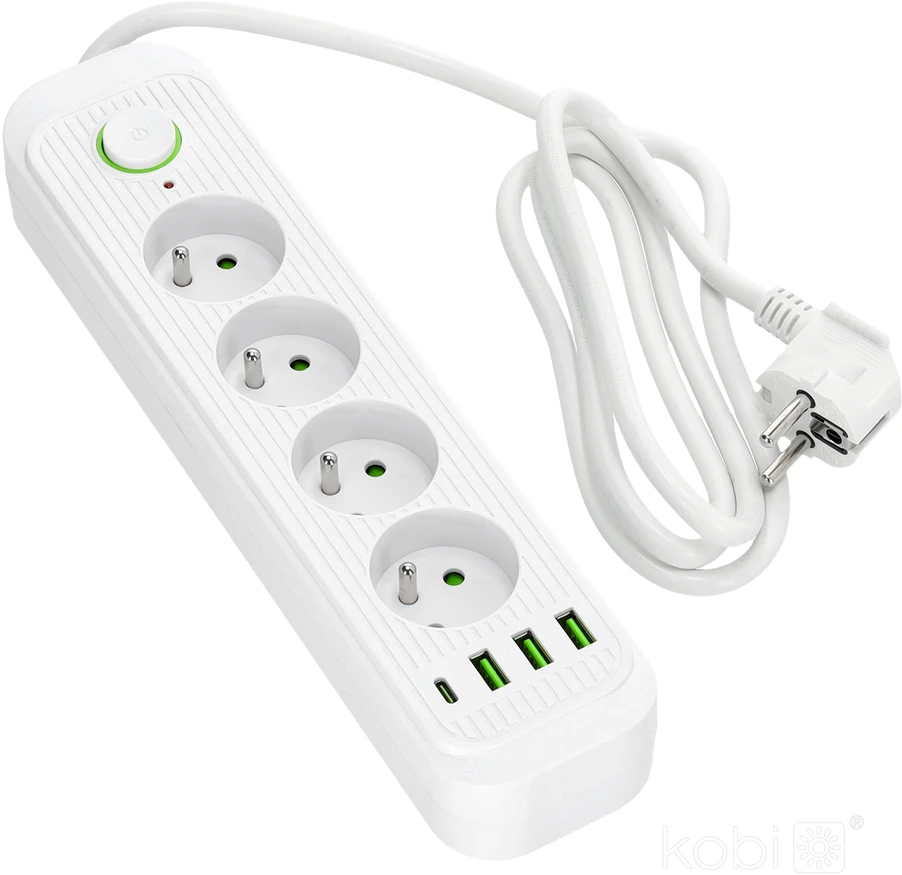 Ilgintuvas, 4-vietis, baltas, 1500mm, su USB