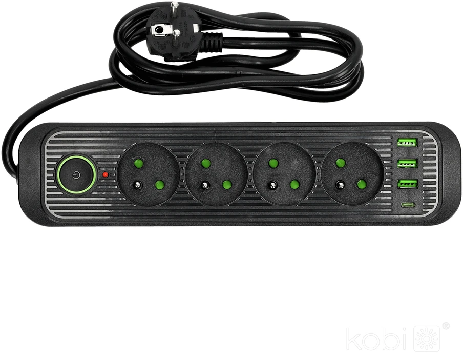 Ilgintuvas, 4-vietis, juodas, 1500mm, su USB