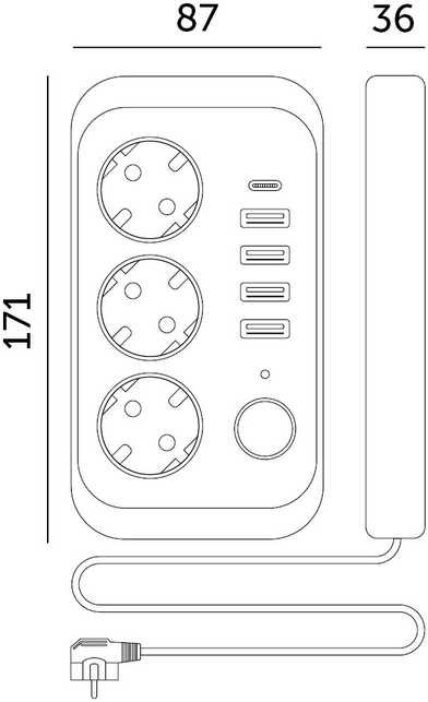 Ilgintuvas LINEA PRO, 3 kištukinių lizdų, 4xUSB-A, 1xUSB-C, su jungikliu, juodas, 5m