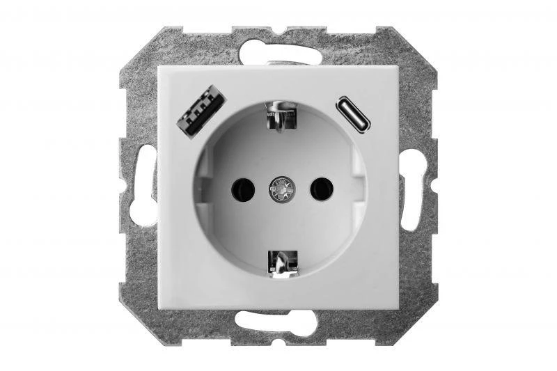 Liregus Kištukinis lizdas EPSILON, SCHUKO lizdas ir USB A+C įkroviklis 17W, be rėmelio, baltas