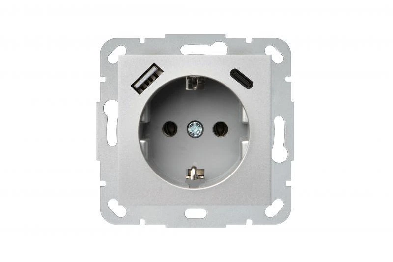 Liregus Kištukinis lizdas EPSILON, SCHUKO lizdas ir USB A+C įkroviklis 17W, be rėmelio, metalo sp.